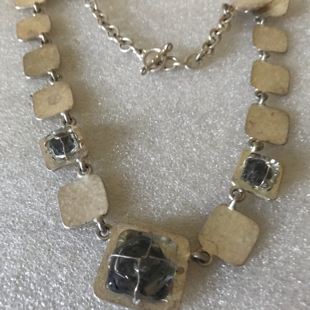 Silver-Tone Square Link Necklace with Dark Gray Glass Accents